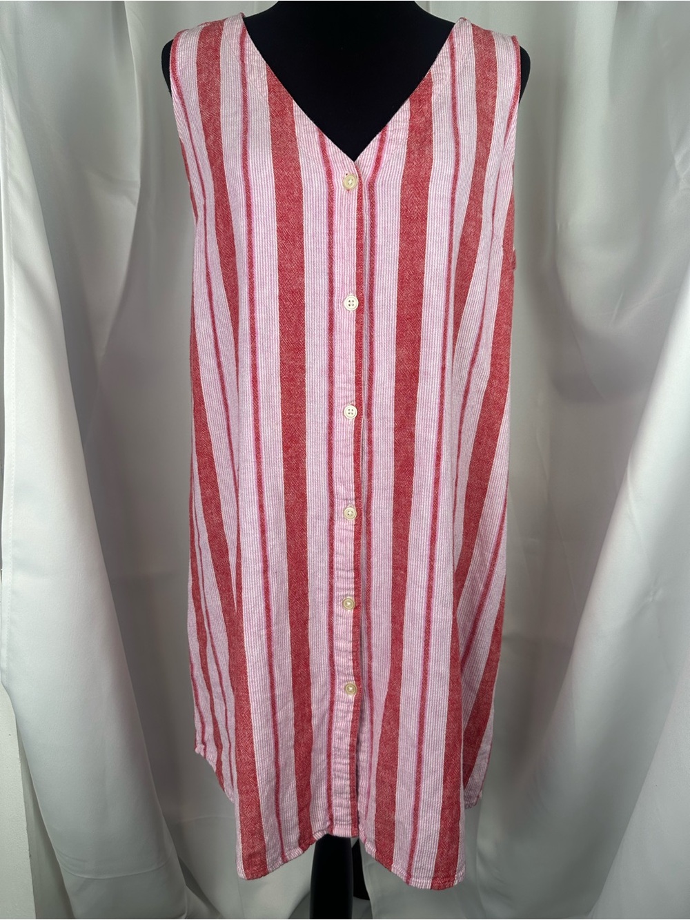 GAP Linen Blend Sleeveless Button Up Dress Womens Large Red Pink Stripes Casual